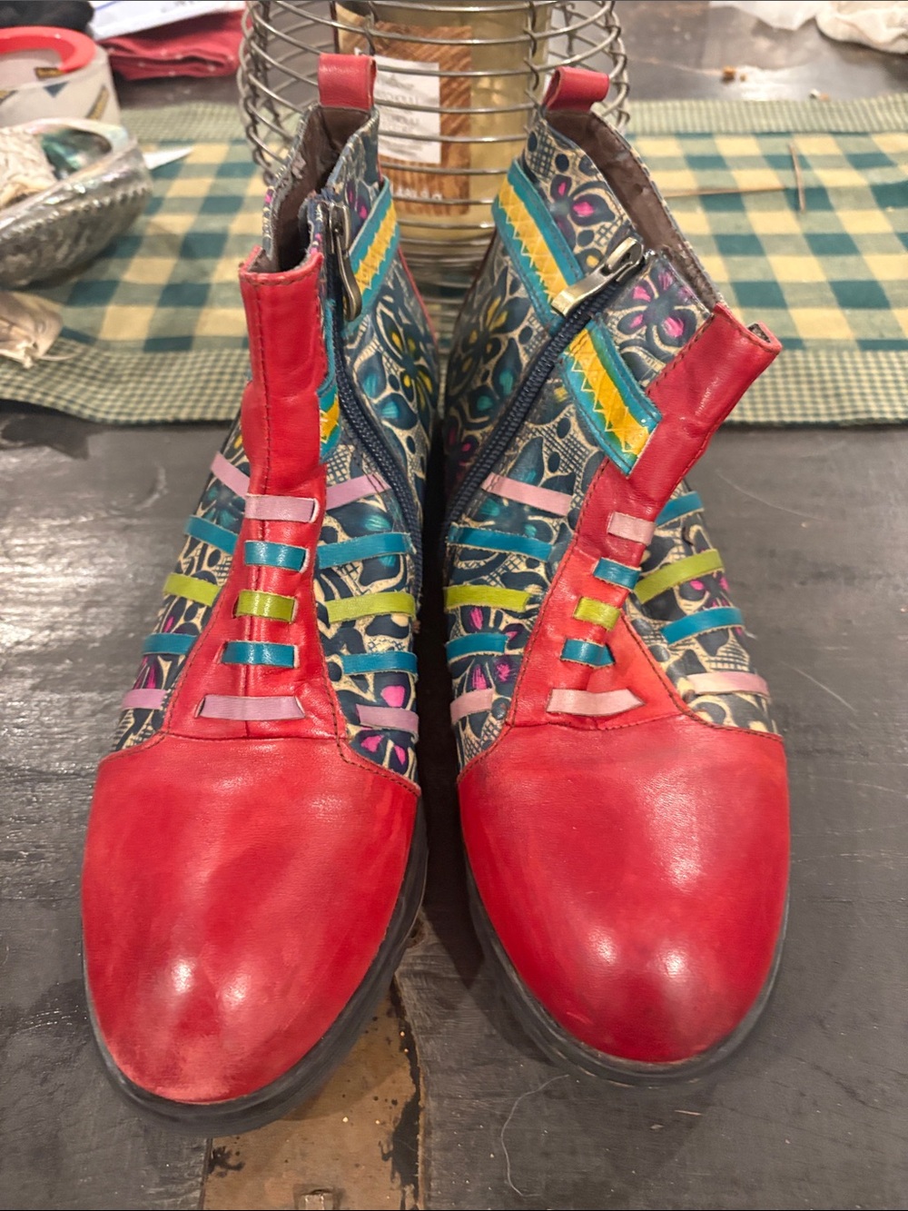Women's Red Multi-Color Patterned Ankle Booties